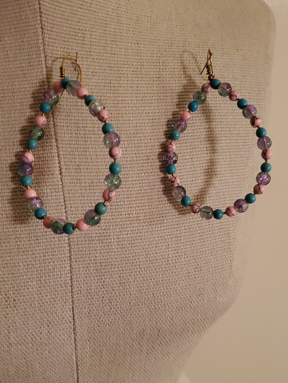 Handcrafted Pink & Teal Beaded Teardrop Earrings